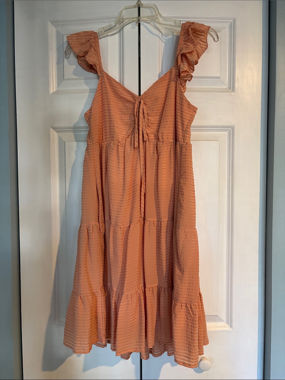 Peach Love California Tiered Ruffle Strap Midi Dress in Peach